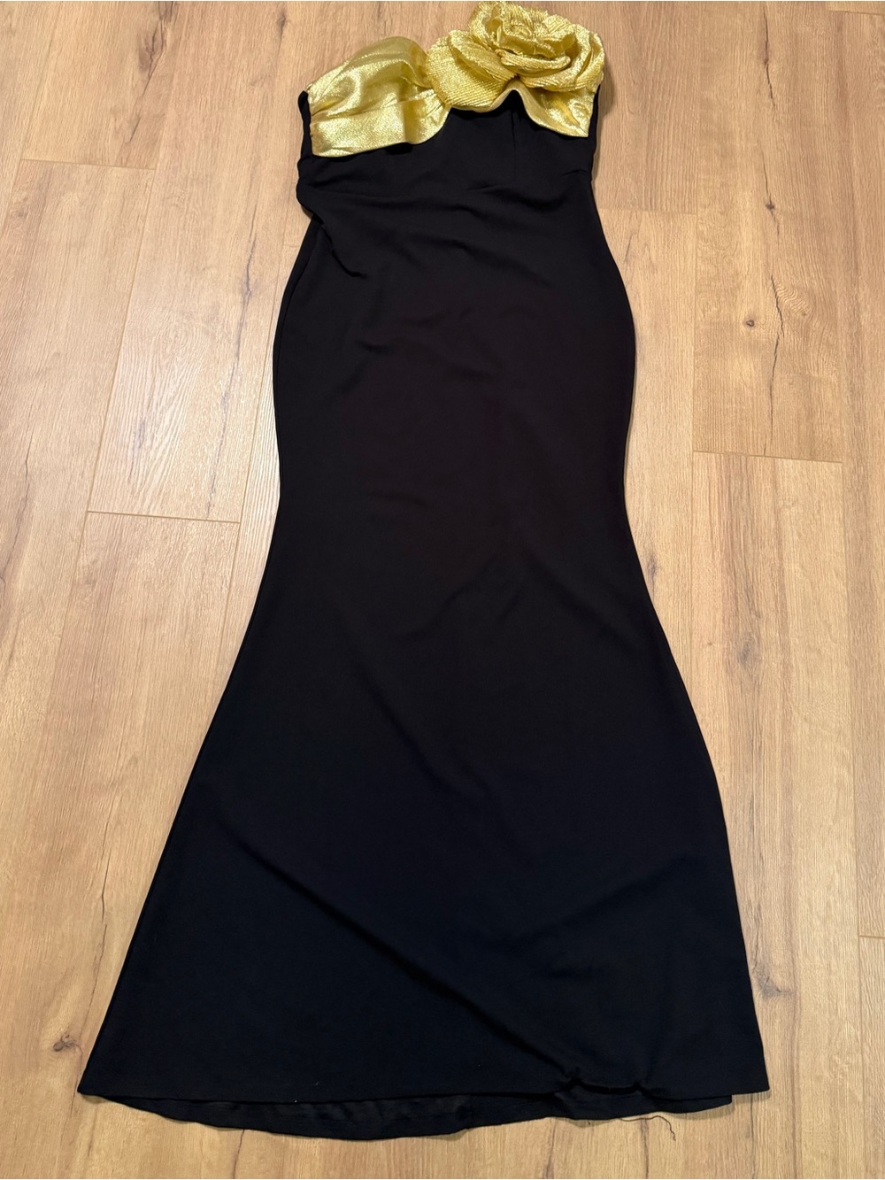 Fashion Nova Black Strapless Gown with Gold Rosette